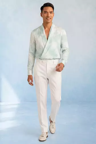 Mint blue and off white cotton satin draped shirt