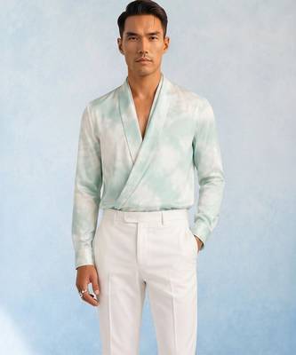 Mint blue and off white cotton satin draped shirt 5