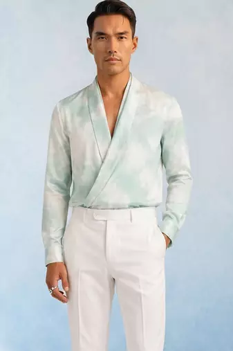 Mint blue and off white cotton satin draped shirt
