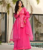 pink organza digital print Short Kurti Lehenga Skirt Dupatta - full stitched free size
