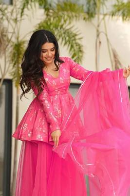 pink organza digital print Short Kurti Lehenga Skirt Dupatta - full stitched free size 2