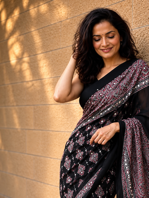 Black ajrakh print with mirror and latkan japan satin saree 2