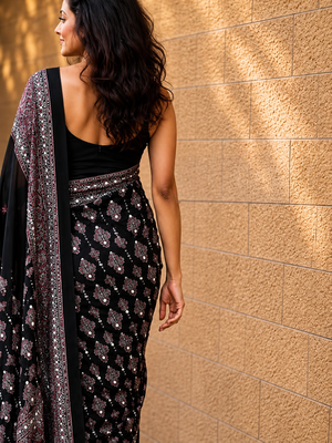 Black ajrakh print with mirror and latkan japan satin saree 3
