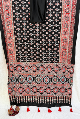 Black ajrakh print with mirror and latkan japan satin saree 4