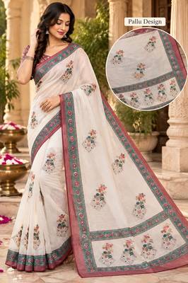 white embroidery work linen saree 2