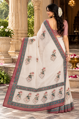 white embroidery work linen saree 3