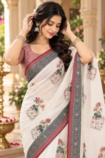 white embroidery work linen saree