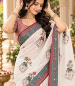 white embroidery work linen saree