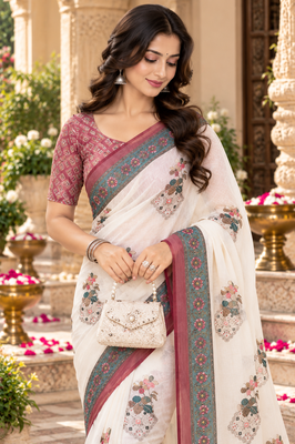 white embroidery work linen saree 4