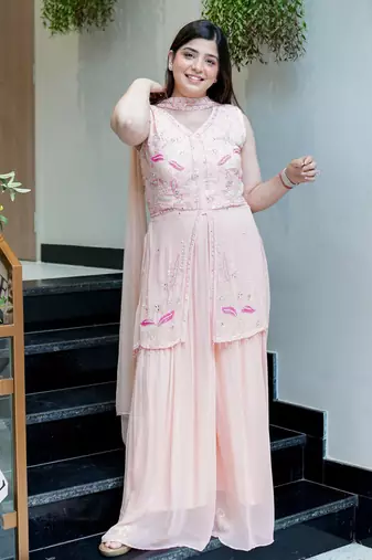 Women's Gorgeous Embroidery Work Georgette Silk Fabric Straight Kurta Sharara and Dupatta Set