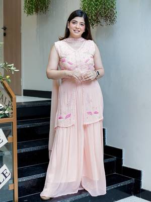 Women's Gorgeous Embroidery Work Georgette Silk Fabric Straight Kurta Sharara and Dupatta Set 5