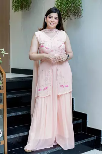 Women's Gorgeous Embroidery Work Georgette Silk Fabric Straight Kurta Sharara and Dupatta Set
