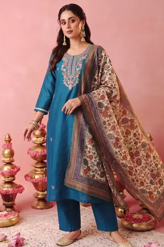 Women's Gorgeous Embroidery Work Pure Silk Fabric Straight Kurta Pant and Dupatta Set2