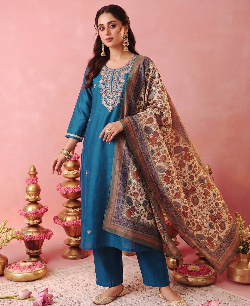 Women's Gorgeous Embroidery Work Pure Silk Fabric Straight Kurta Pant and Dupatta Set2