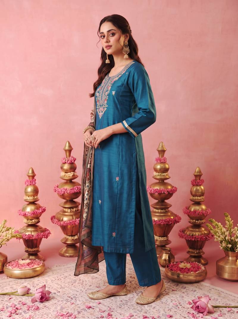 Women's Gorgeous Embroidery Work Pure Silk Fabric Straight Kurta Pant and Dupatta Set2