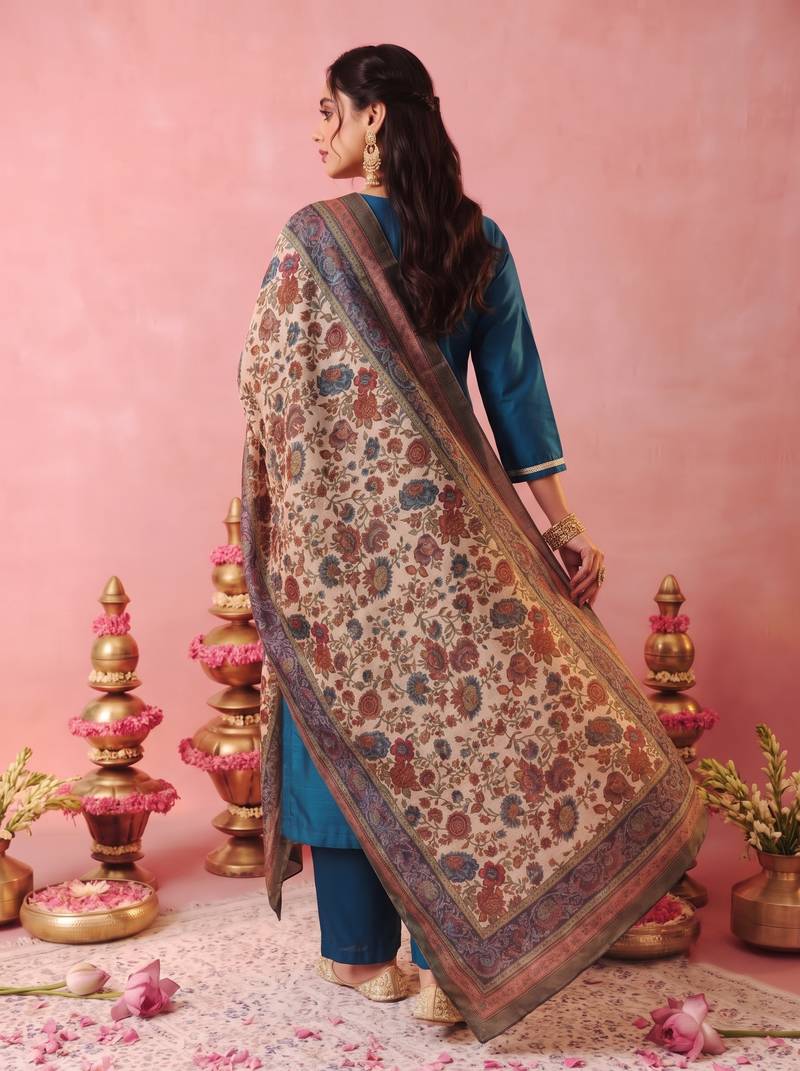 Women's Gorgeous Embroidery Work Pure Silk Fabric Straight Kurta Pant and Dupatta Set2