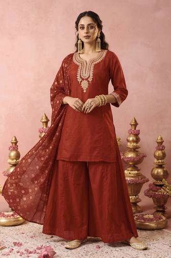 Women's Gorgeous Embroidery Work Vichitra Silk Straight Kurta Sharara and Dupatta Set