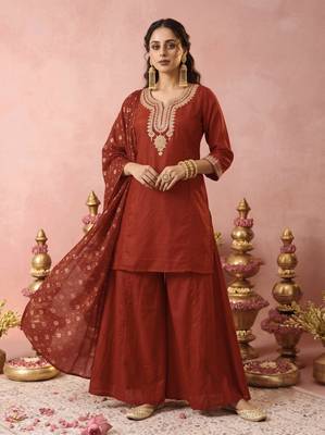 Women's Gorgeous Embroidery Work Vichitra Silk Fabric Straight Kurta Sharara and Dupatta Set 1