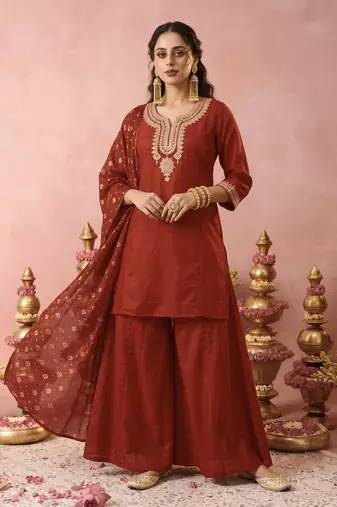 Women's Gorgeous Embroidery Work Vichitra Silk Fabric Straight Kurta Sharara and Dupatta Set