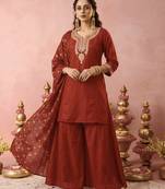 Women's Gorgeous Embroidery Work Vichitra Silk Fabric Straight Kurta Sharara and Dupatta Set
