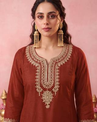 Women's Gorgeous Embroidery Work Vichitra Silk Fabric Straight Kurta Sharara and Dupatta Set 2