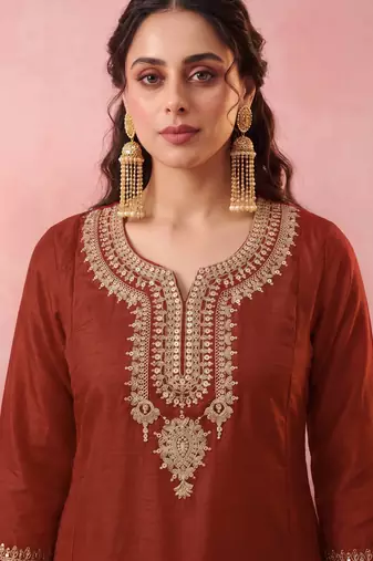 Women's Gorgeous Embroidery Work Vichitra Silk Fabric Straight Kurta Sharara and Dupatta Set
