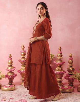Women's Gorgeous Embroidery Work Vichitra Silk Fabric Straight Kurta Sharara and Dupatta Set 3