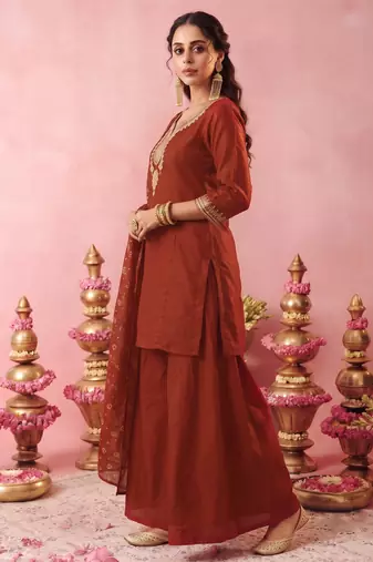 Women's Gorgeous Embroidery Work Vichitra Silk Fabric Straight Kurta Sharara and Dupatta Set