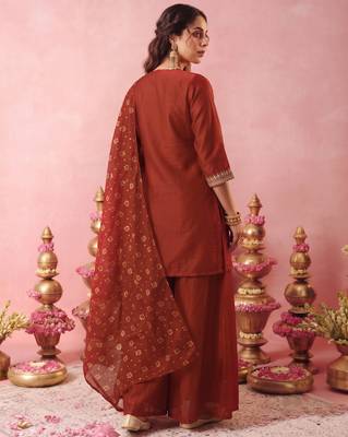 Women's Gorgeous Embroidery Work Vichitra Silk Fabric Straight Kurta Sharara and Dupatta Set 4