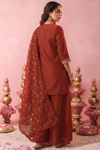 Women's Gorgeous Embroidery Work Vichitra Silk Fabric Straight Kurta Sharara and Dupatta Set