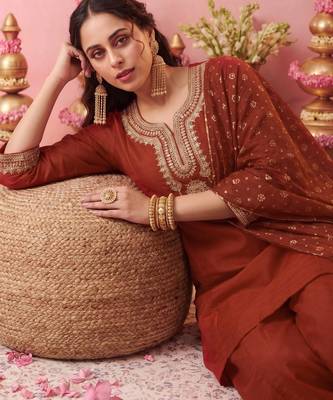 Women's Gorgeous Embroidery Work Vichitra Silk Fabric Straight Kurta Sharara and Dupatta Set 5