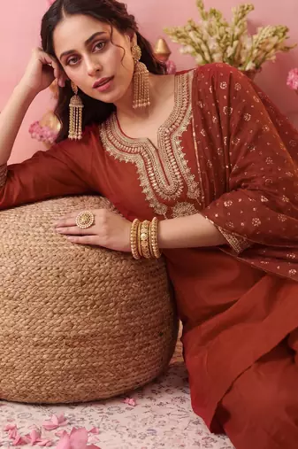 Women's Gorgeous Embroidery Work Vichitra Silk Fabric Straight Kurta Sharara and Dupatta Set