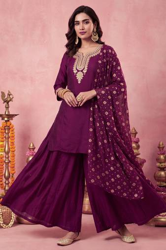 Women's Gorgeous Embroidery Work Vichitra Silk Straight Kurta Sharara and Dupatta Set