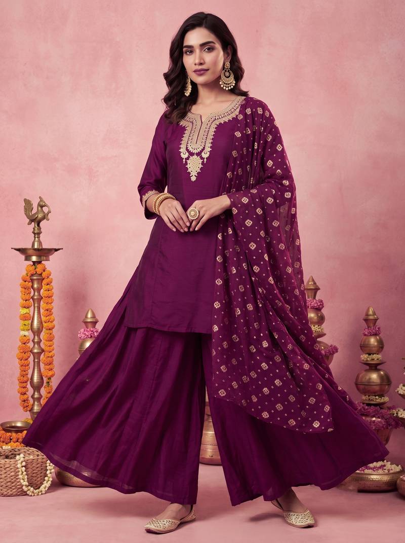 Women's Gorgeous Embroidery Work Vichitra Silk Fabric Straight Kurta Sharara and Dupatta Set