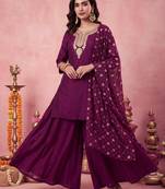 Women's Gorgeous Embroidery Work Vichitra Silk Fabric Straight Kurta Sharara and Dupatta Set