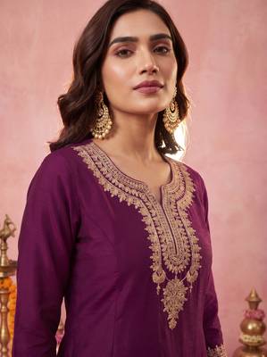 Women's Gorgeous Embroidery Work Vichitra Silk Fabric Straight Kurta Sharara and Dupatta Set 2