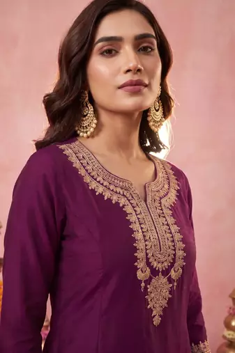 Women's Gorgeous Embroidery Work Vichitra Silk Fabric Straight Kurta Sharara and Dupatta Set
