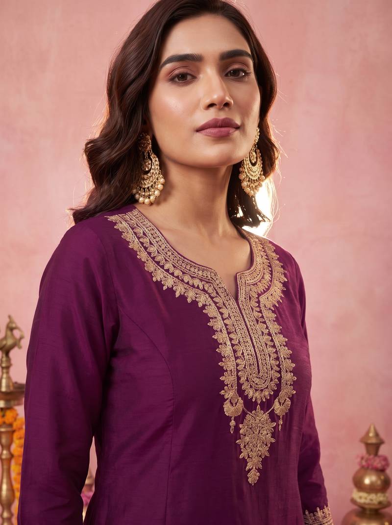 Women's Gorgeous Embroidery Work Vichitra Silk Fabric Straight Kurta Sharara and Dupatta Set