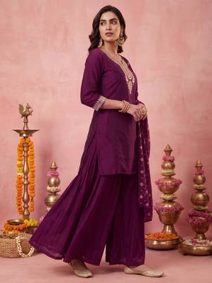 Women's Gorgeous Embroidery Work Vichitra Silk Fabric Straight Kurta Sharara and Dupatta Set 3