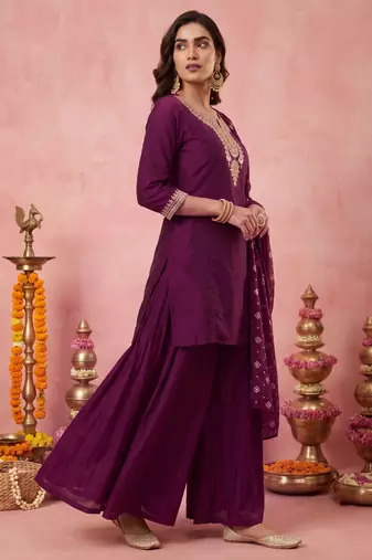 Women's Gorgeous Embroidery Work Vichitra Silk Fabric Straight Kurta Sharara and Dupatta Set