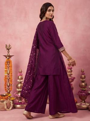 Women's Gorgeous Embroidery Work Vichitra Silk Fabric Straight Kurta Sharara and Dupatta Set 4