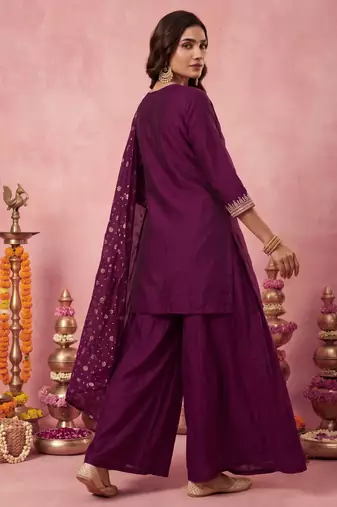 Women's Gorgeous Embroidery Work Vichitra Silk Fabric Straight Kurta Sharara and Dupatta Set
