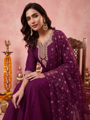 Women's Gorgeous Embroidery Work Vichitra Silk Fabric Straight Kurta Sharara and Dupatta Set 5