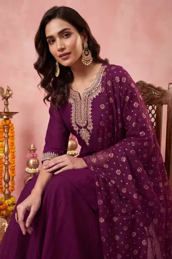 Women's Gorgeous Embroidery Work Vichitra Silk Fabric Straight Kurta Sharara and Dupatta Set