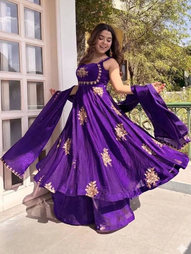 Women's Gorgeous Embroidery Work Fendy Silk Satin Fabric Flared Anarkali Palazzo and Dupatta Set