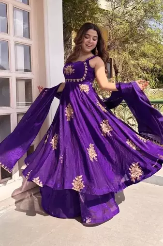 Women's Gorgeous Embroidery Work Fendy Silk Satin Fabric Flared Anarkali Palazzo and Dupatta Set