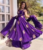 Women's Gorgeous Embroidery Work Fendy Silk Satin Fabric Flared Anarkali Palazzo and Dupatta Set