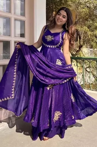 Women's Gorgeous Embroidery Work Fendy Silk Satin Fabric Flared Anarkali Palazzo and Dupatta Set