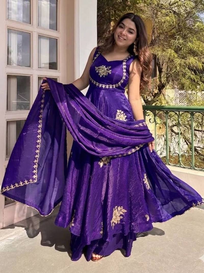 Women's Gorgeous Embroidery Work Fendy Silk Satin Fabric Flared Anarkali Palazzo and Dupatta Set