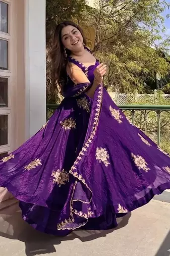 Women's Gorgeous Embroidery Work Fendy Silk Satin Fabric Flared Anarkali Palazzo and Dupatta Set